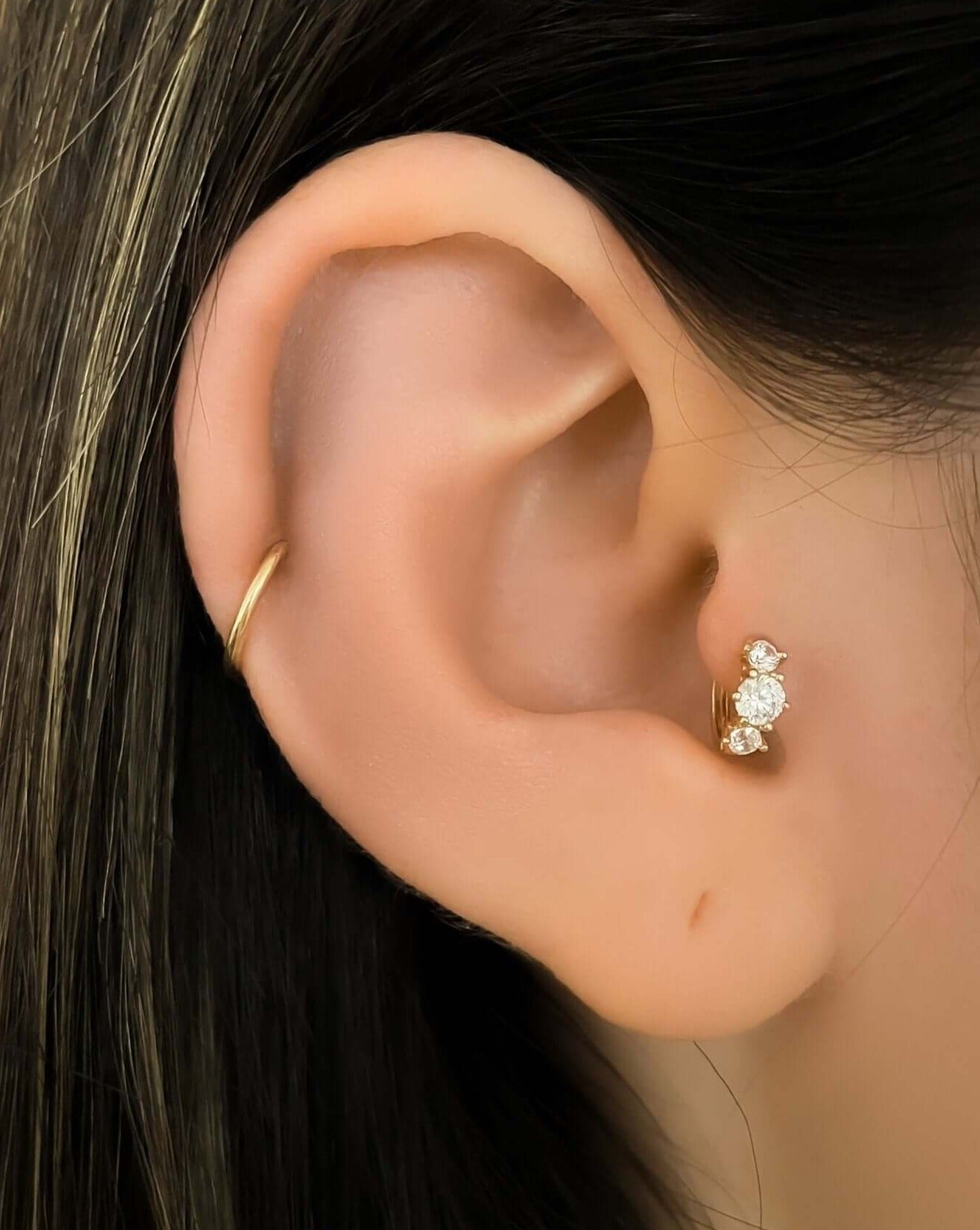 14k Gold Three Crystals Huggie Earrings | Assolari